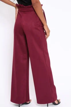 Rebellious Fashion Wine Suedette Paper Bag Tie Waist Wide Leg Trousers - Kennedy