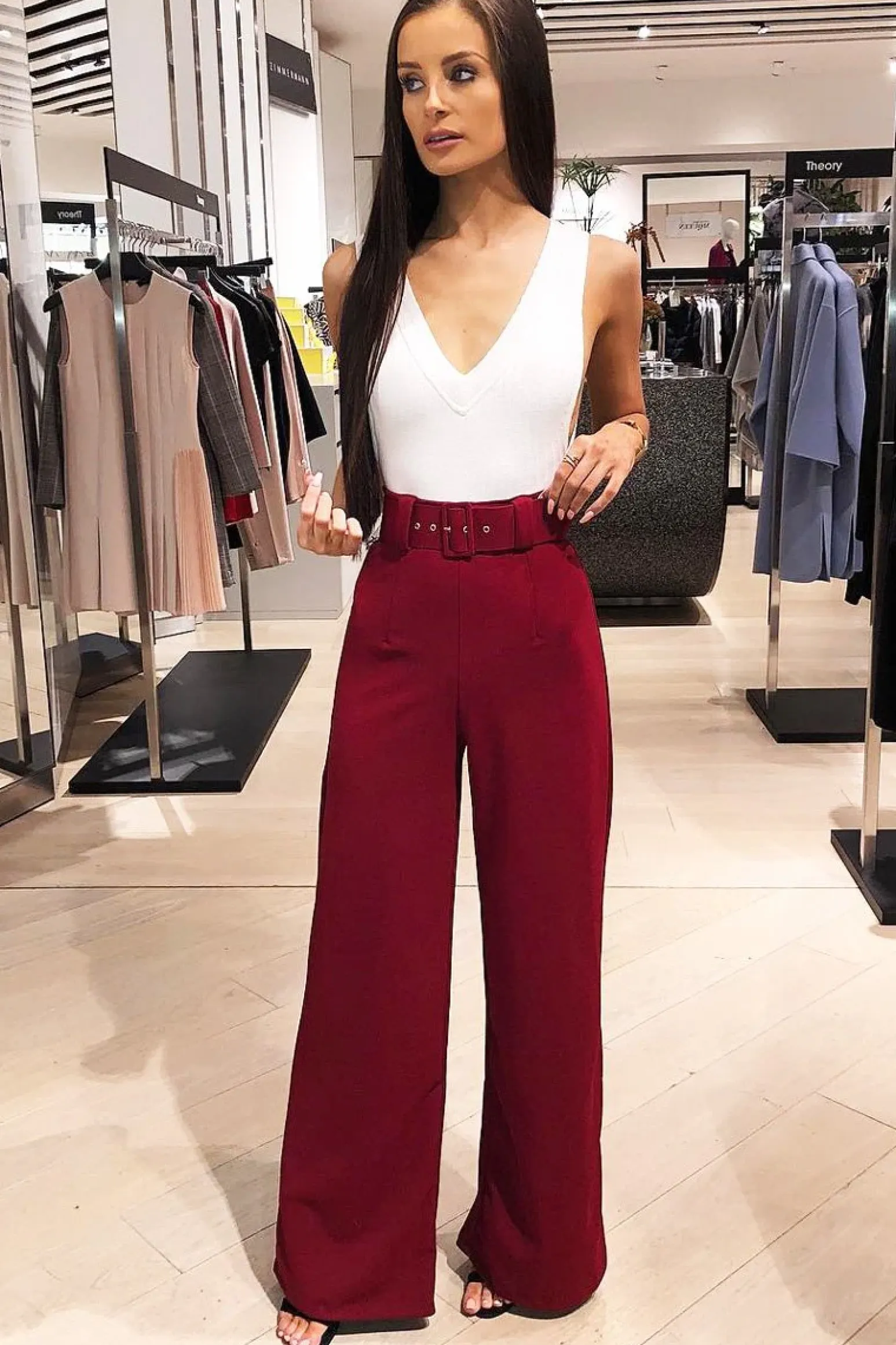 Rebellious Fashion Wine Tailored Wide Leg Belted Trousers - Chenelle