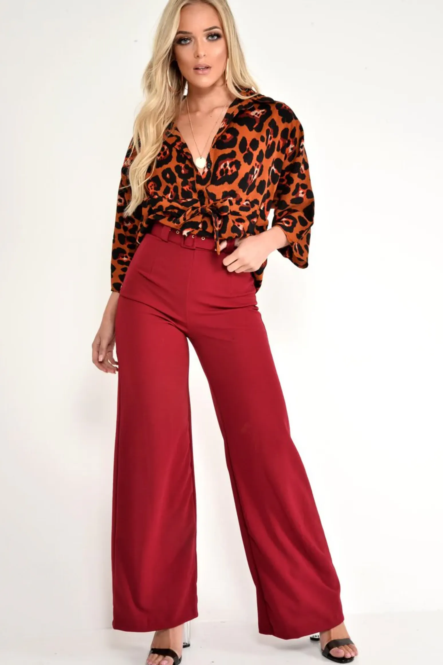 Rebellious Fashion Wine Tailored Wide Leg Belted Trousers - Chenelle