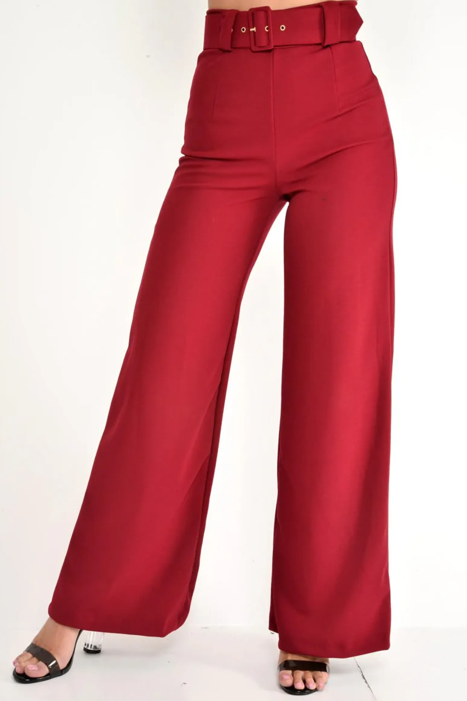 Rebellious Fashion Wine Tailored Wide Leg Belted Trousers - Chenelle