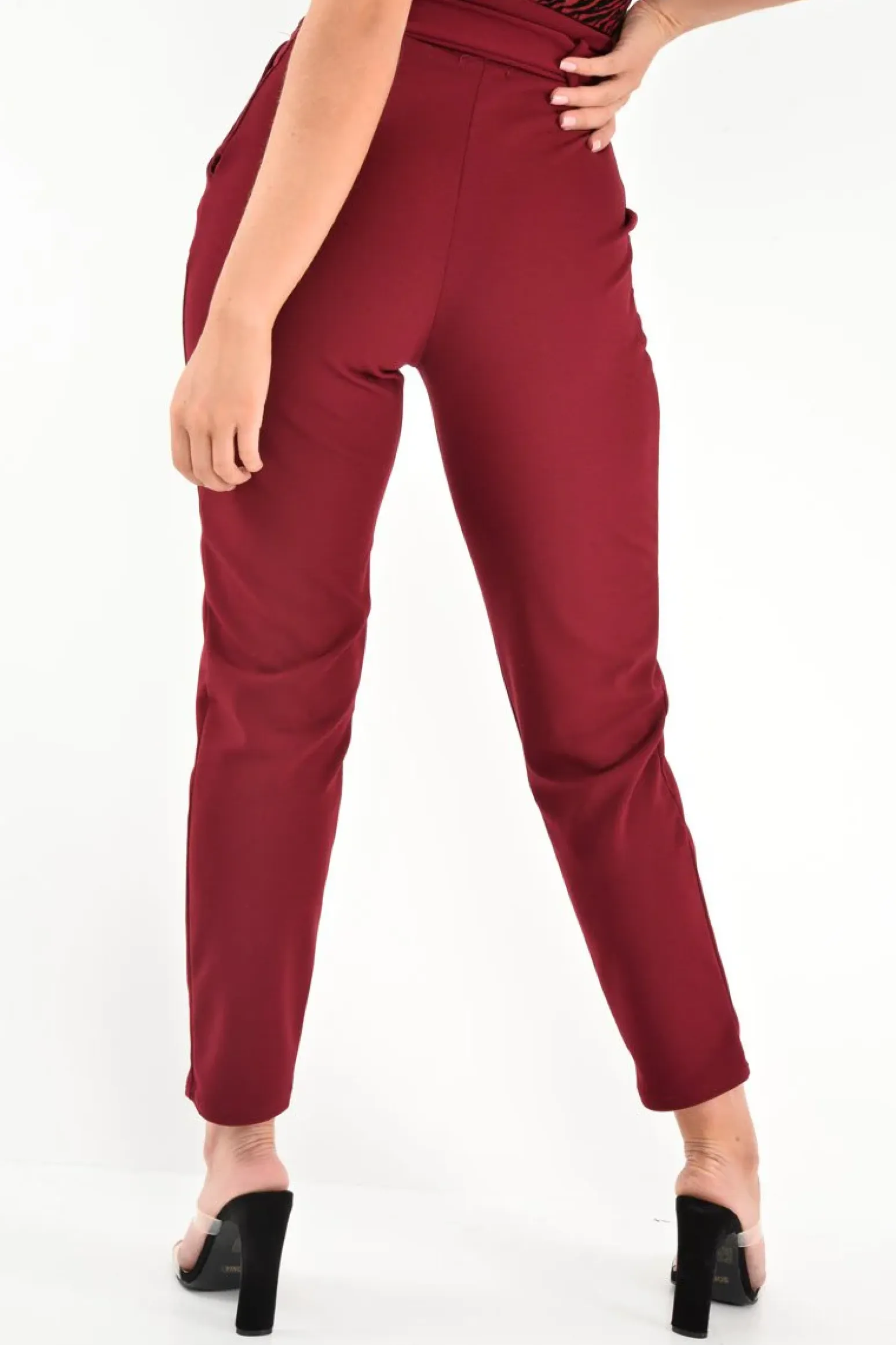 Rebellious Fashion Wine Tapered Belted Cigarette Trousers - Myasia