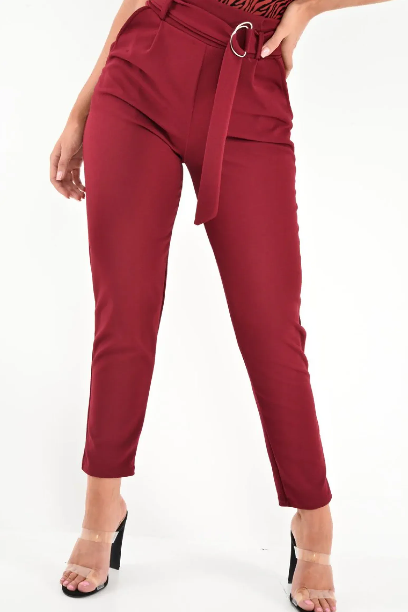 Rebellious Fashion Wine Tapered Belted Cigarette Trousers - Myasia