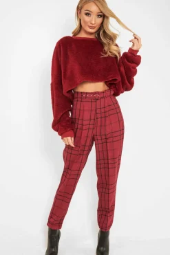 Rebellious Fashion Wine Tartan High Waist Tapered Cigarette Trousers - Maddy