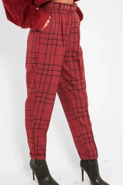 Rebellious Fashion Wine Tartan High Waist Tapered Cigarette Trousers - Maddy