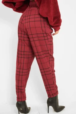 Rebellious Fashion Wine Tartan High Waist Tapered Cigarette Trousers - Maddy