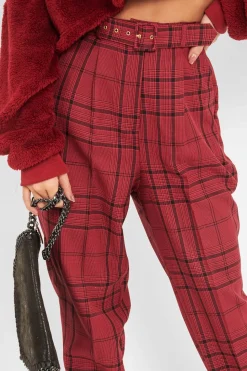 Rebellious Fashion Wine Tartan High Waist Tapered Cigarette Trousers - Maddy