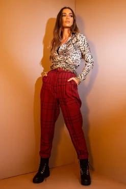 Rebellious Fashion Wine Tartan High Waist Tapered Cigarette Trousers - Maddy