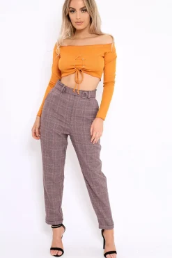 Rebellious Fashion Wine Tartan Ring Belted Tapered Trousers - Klara