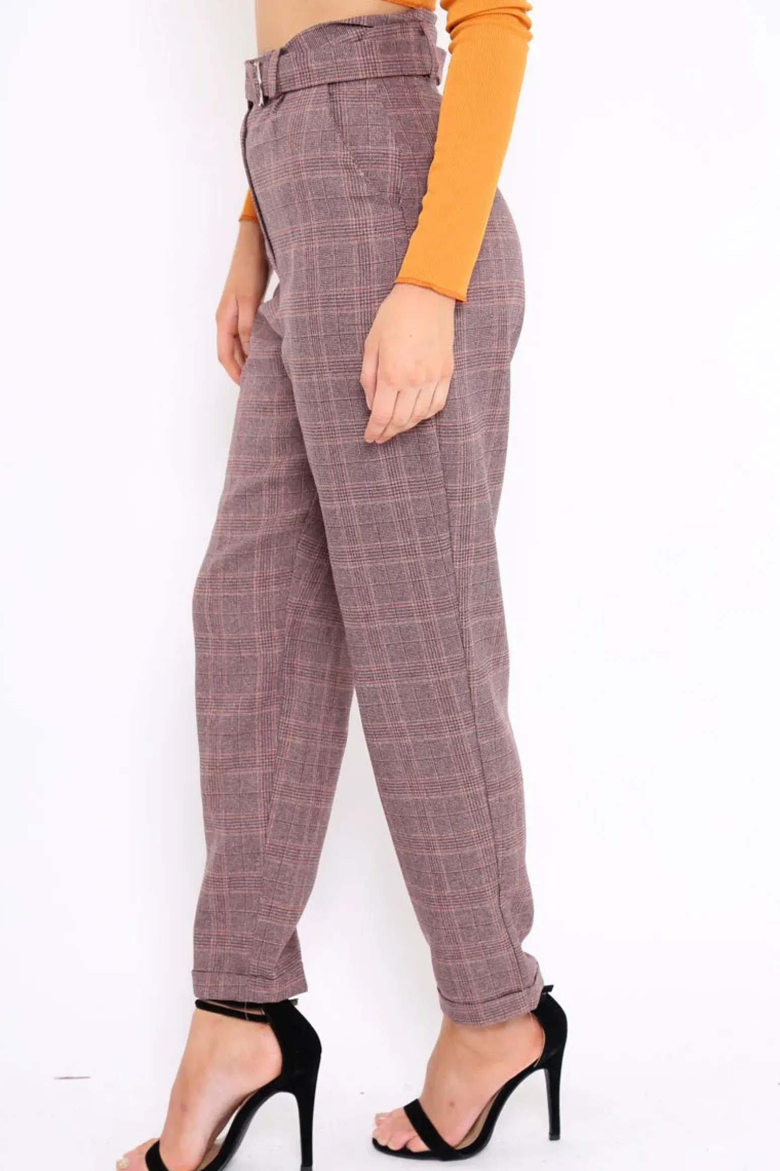 Rebellious Fashion Wine Tartan Ring Belted Tapered Trousers - Klara