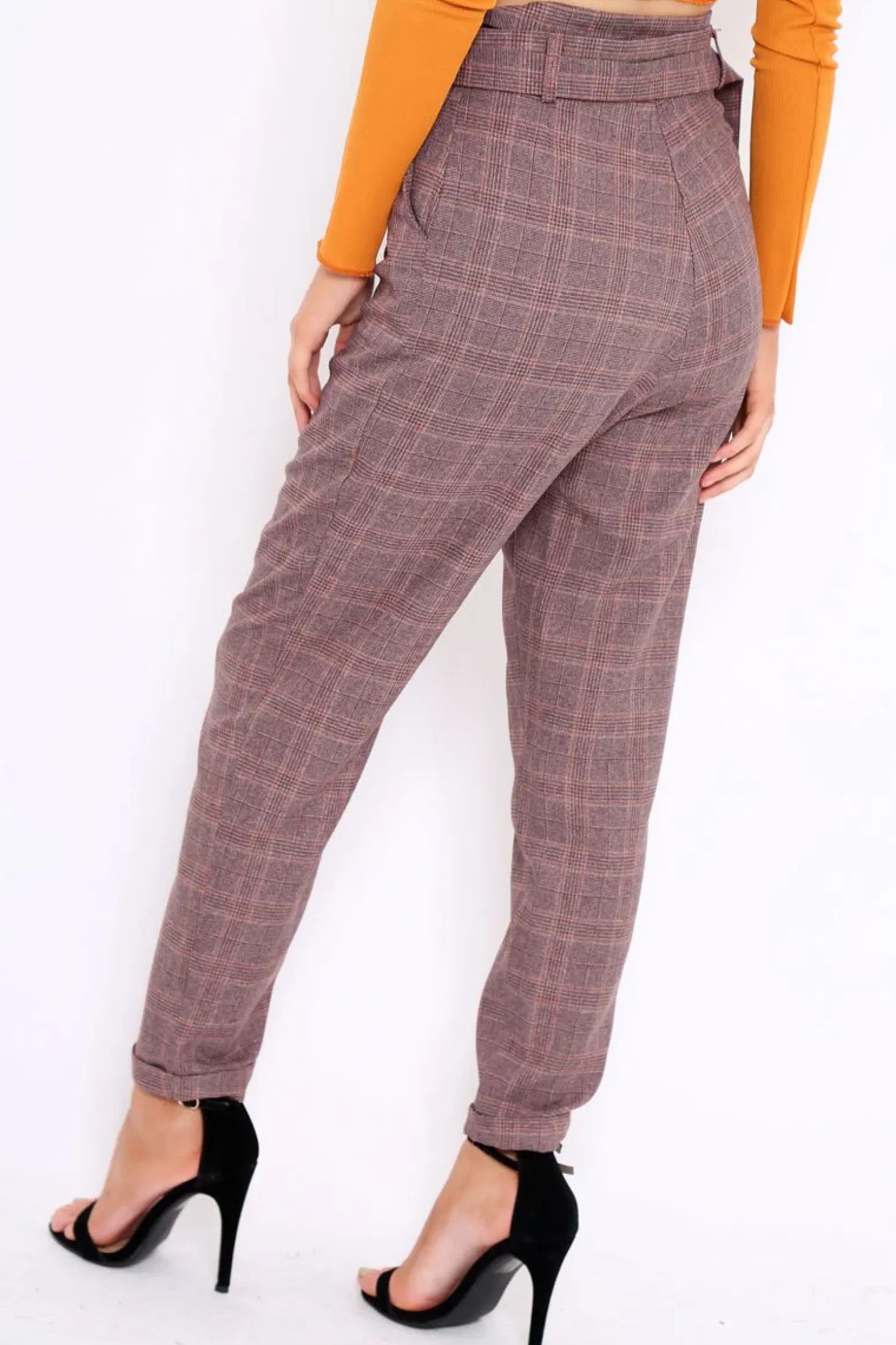 Rebellious Fashion Wine Tartan Ring Belted Tapered Trousers - Klara