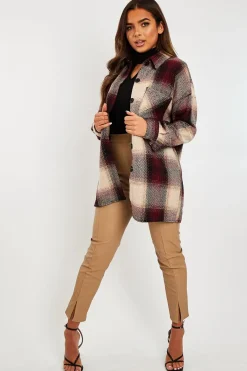 Rebellious Fashion Wine Textured Check Oversized Shacket - Saphia