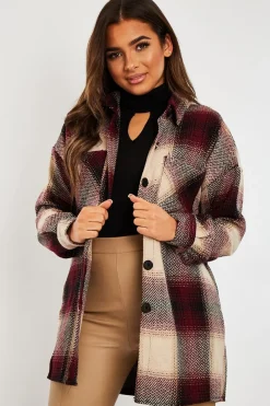 Rebellious Fashion Wine Textured Check Oversized Shacket - Saphia