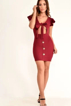 Rebellious Fashion Wine Tie Button Front Bodycon Dress - Aaira