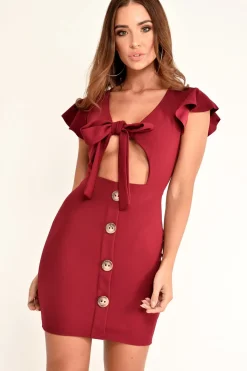 Rebellious Fashion Wine Tie Button Front Bodycon Dress - Aaira