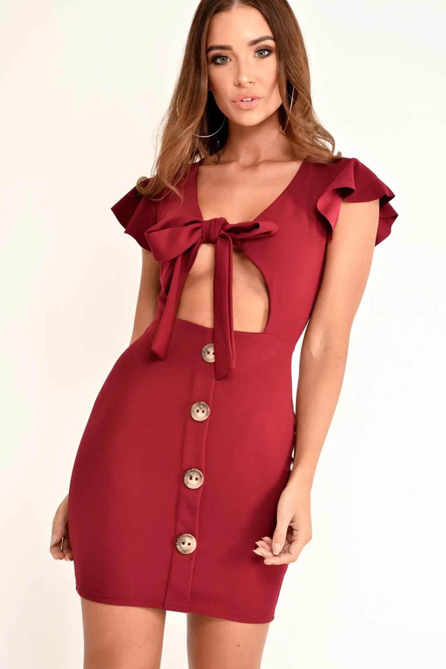Rebellious Fashion Wine Tie Button Front Bodycon Dress - Aaira