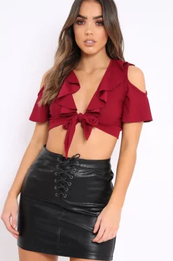 Rebellious Fashion Wine Tie Front Cold Shoulder Crop Top - Ellinor