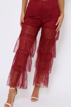 Rebellious Fashion Wine Tiered Frill Lace Pants - Frida