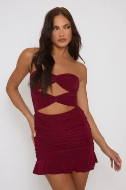 Rebellious Fashion Wine Twist Front Bandeau Mini Dress - Hayley