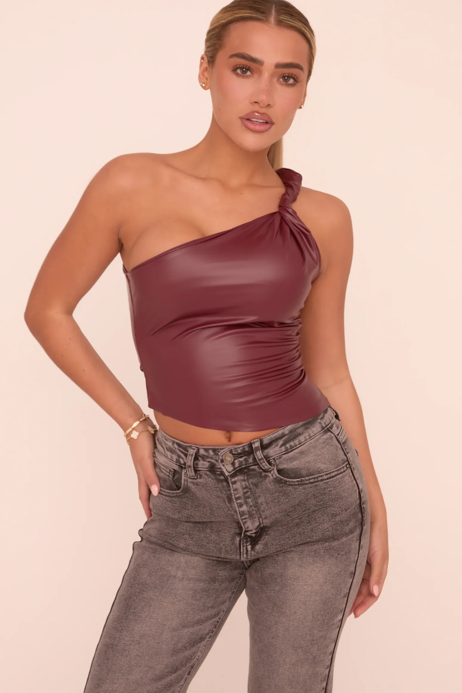 Rebellious Fashion Wine Twist One Shoulder Faux Leather Top - Arthur