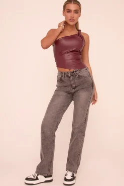 Rebellious Fashion Wine Twist One Shoulder Faux Leather Top - Arthur