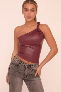 Rebellious Fashion Wine Twist One Shoulder Faux Leather Top - Arthur