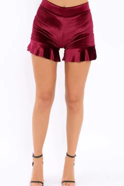 Rebellious Fashion Wine Velvet High Waist Frill Hem Shorts - Zoey