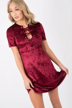 Rebellious Fashion Wine Velvet Lace Up Skater Dress - Taylah