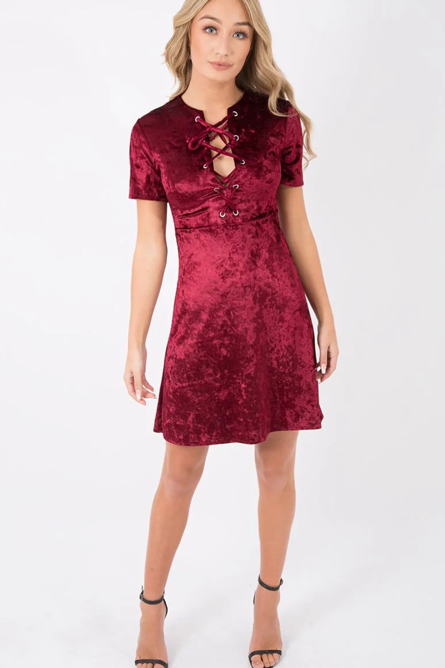 Rebellious Fashion Wine Velvet Lace Up Skater Dress - Taylah