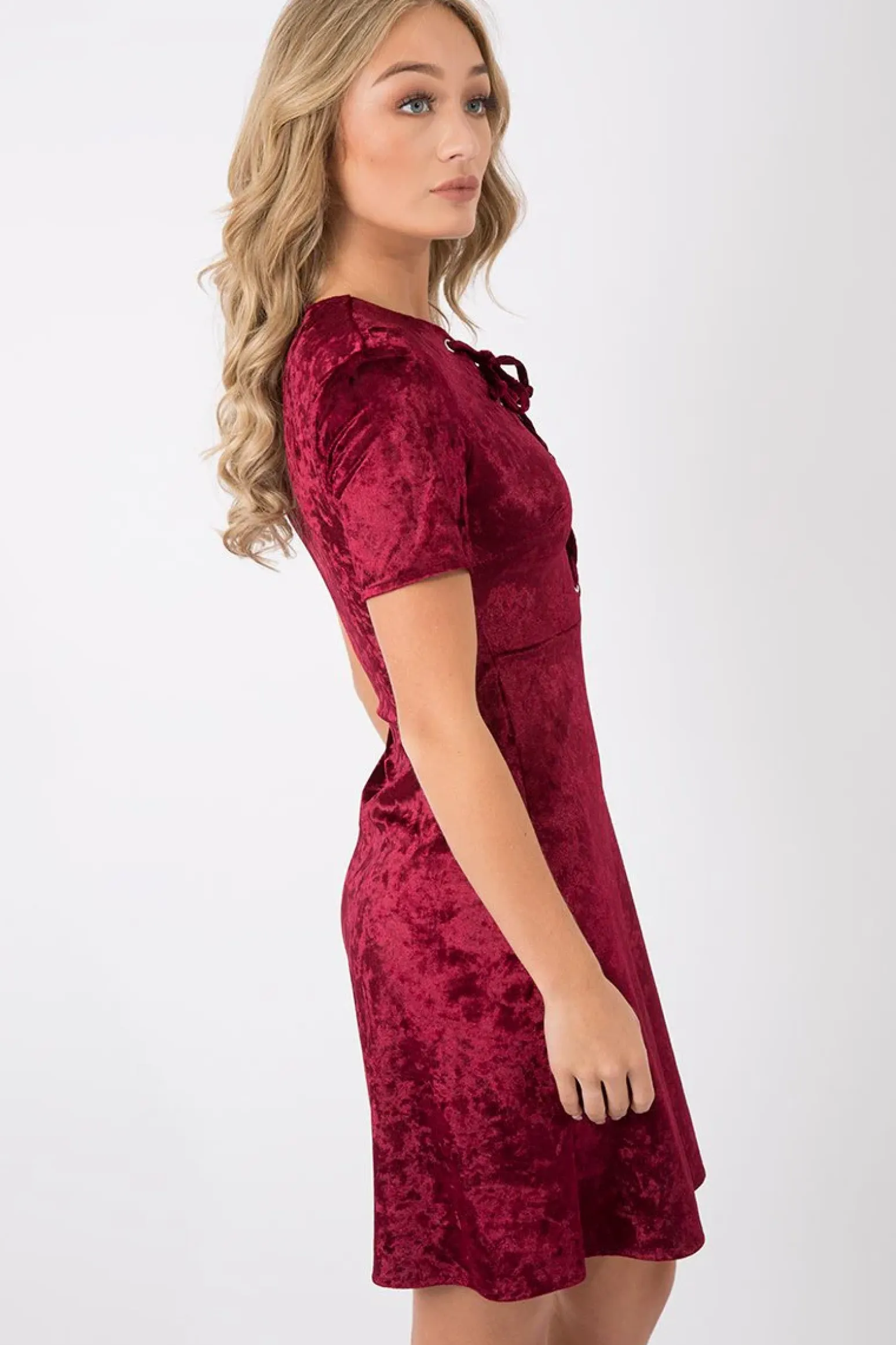 Rebellious Fashion Wine Velvet Lace Up Skater Dress - Taylah