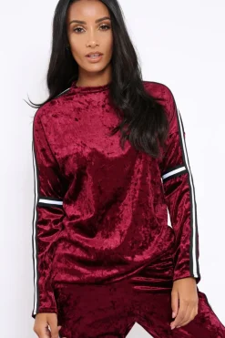 Rebellious Fashion Wine Velvet Striped Trim Co-ord Set - Beau