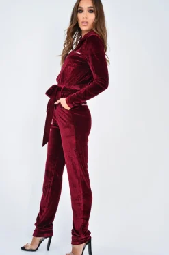 Rebellious Fashion Wine Velvet Tie Front Boiler Jumpsuit - Lallie