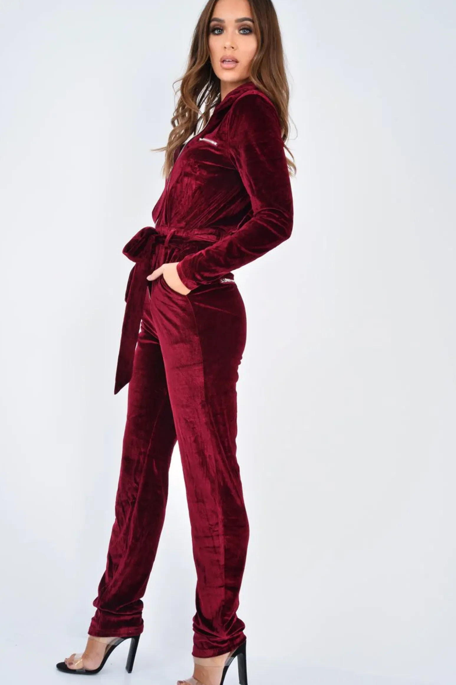 Rebellious Fashion Wine Velvet Tie Front Boiler Jumpsuit - Lallie