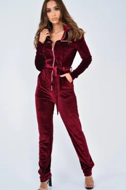 Rebellious Fashion Wine Velvet Tie Front Boiler Jumpsuit - Lallie