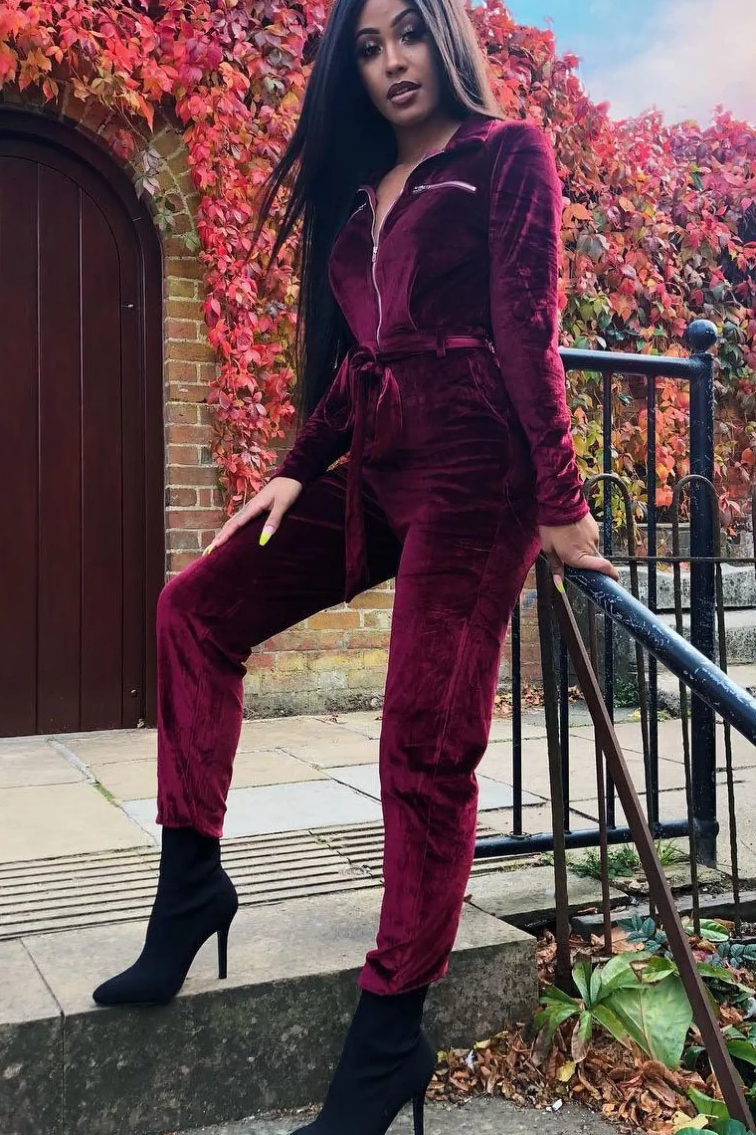 Rebellious Fashion Wine Velvet Tie Front Boiler Jumpsuit - Lallie