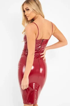 Rebellious Fashion Wine Vinyl Plunge Midi Dress - Manuela