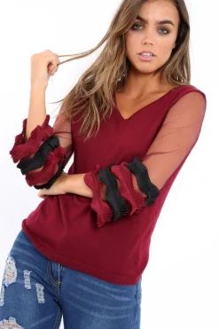 Rebellious Fashion Wine V Neck Jumper with Mesh Ruffled Sleeves - Amirah