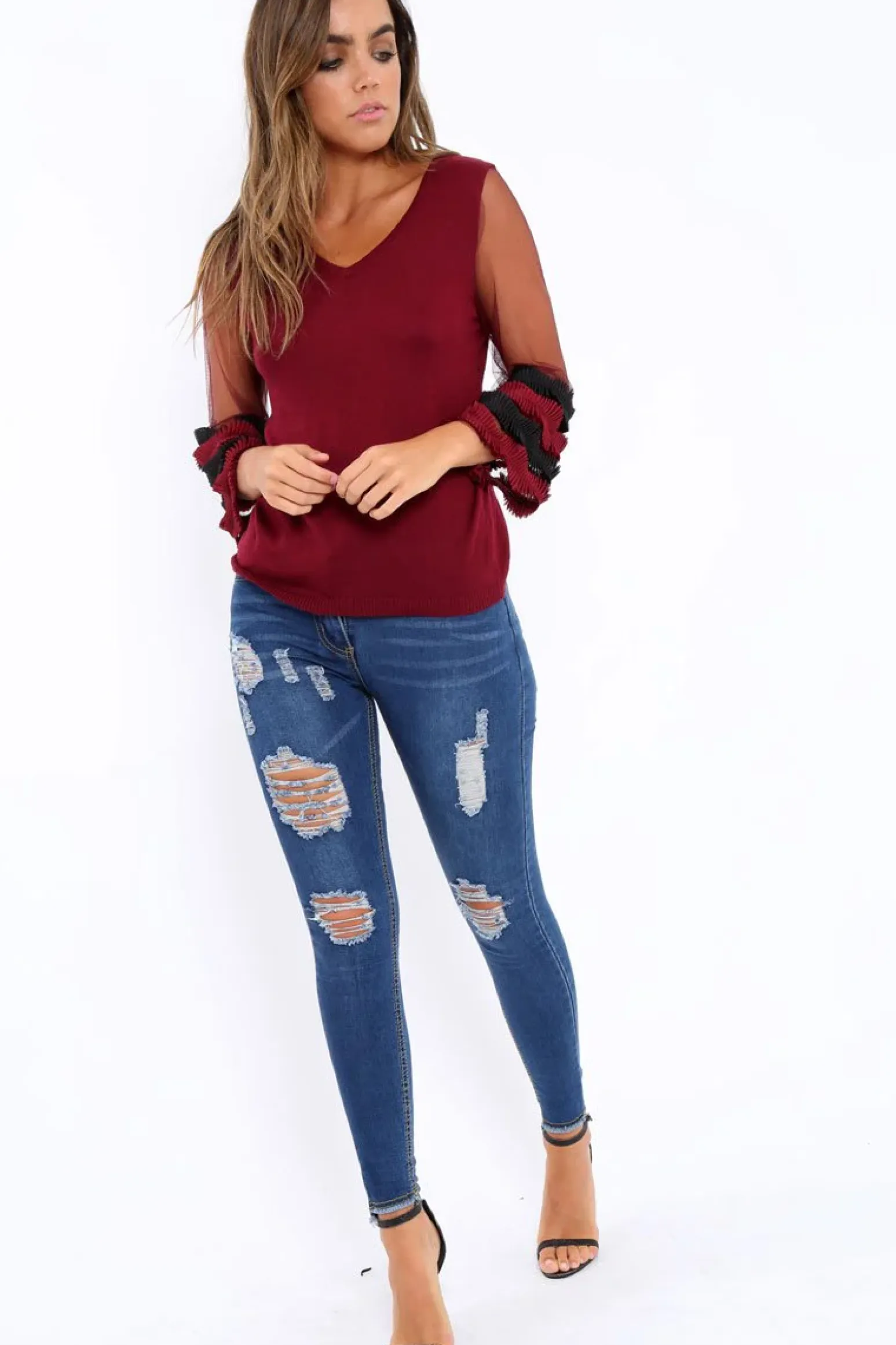 Rebellious Fashion Wine V Neck Jumper with Mesh Ruffled Sleeves - Amirah