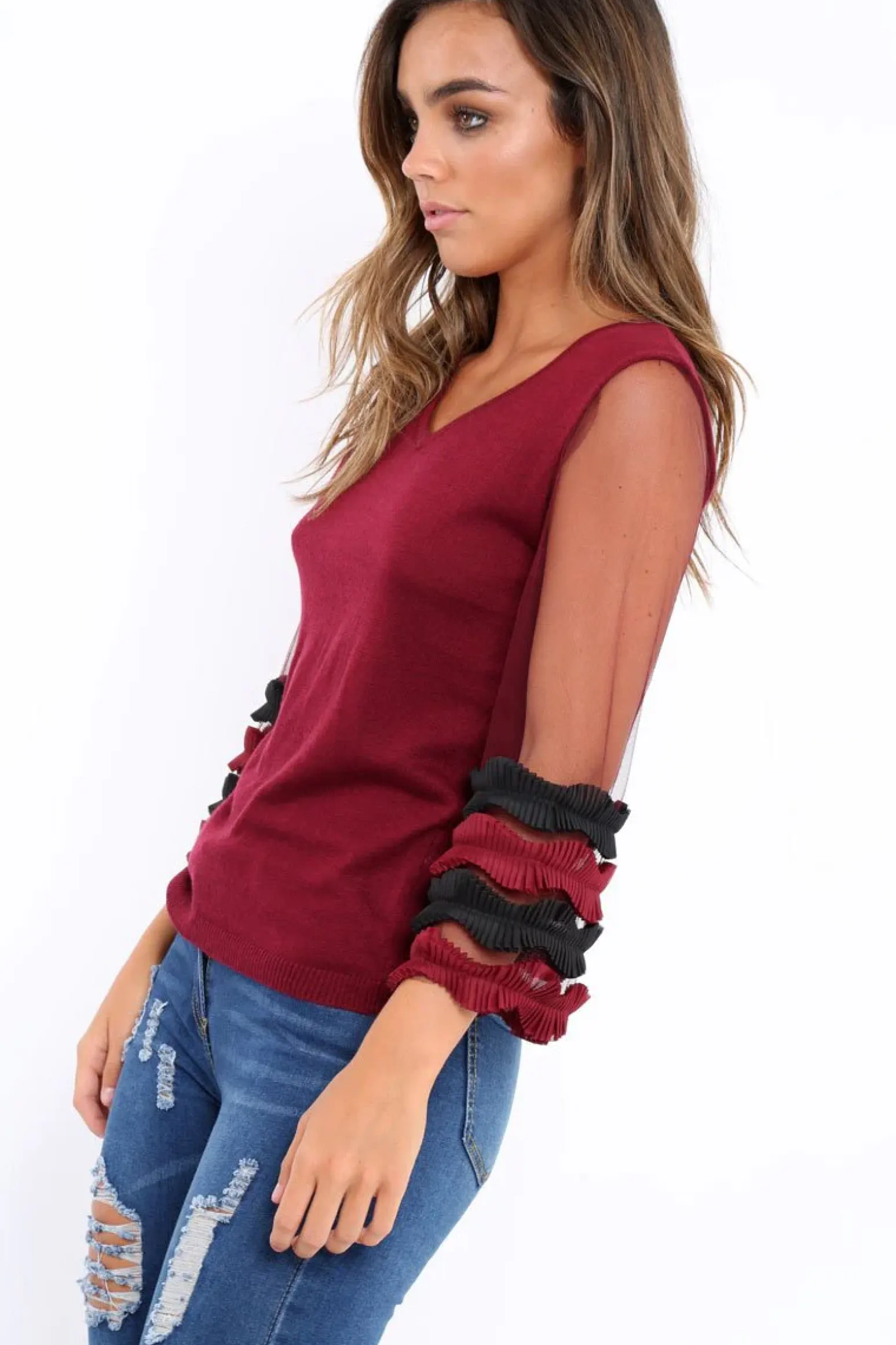 Rebellious Fashion Wine V Neck Jumper with Mesh Ruffled Sleeves - Amirah