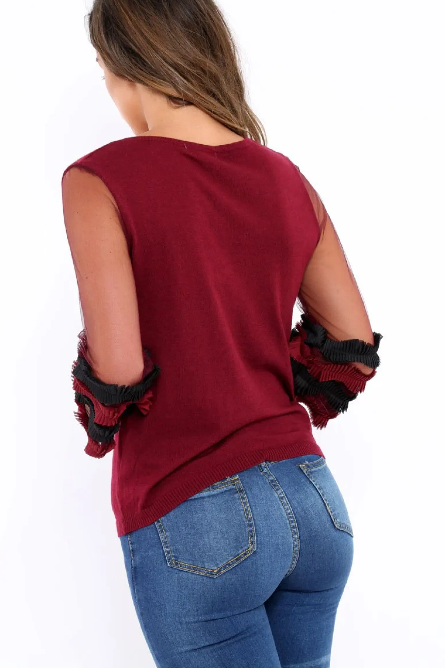 Rebellious Fashion Wine V Neck Jumper with Mesh Ruffled Sleeves - Amirah