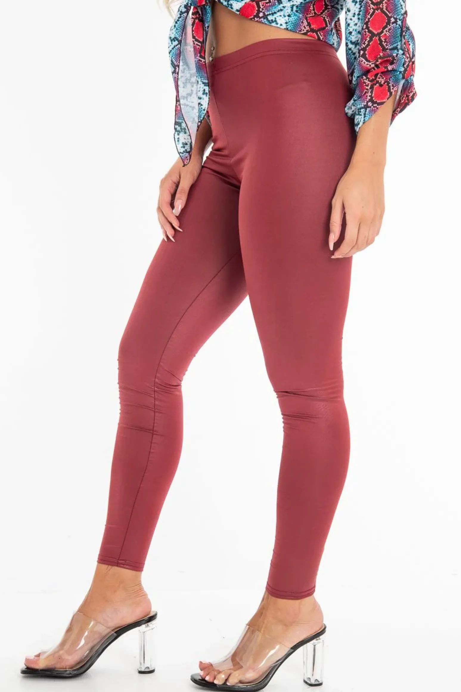 Rebellious Fashion Wine Wet Look High Waist Leggings - Imogen