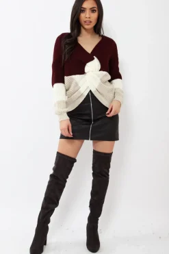 Rebellious Fashion Wine White and Beige Knot Knit Jumper - Kerri