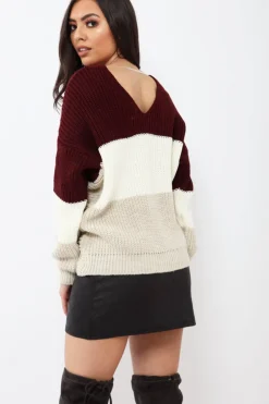 Rebellious Fashion Wine White and Beige Knot Knit Jumper - Kerri
