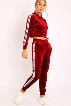 Rebellious Fashion Wine White Stripes Velvet Hoodie and Joggers Co-ord - Matie