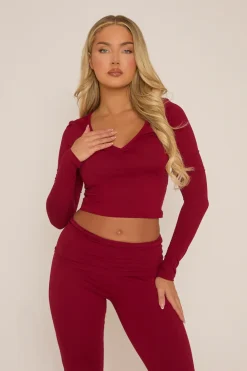 Rebellious Fashion Wine Wrap Front Top and Trouser Lounge Co-ord - Helmi