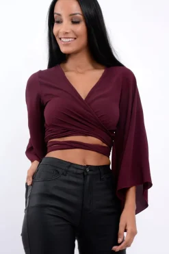 Rebellious Fashion Wine Wrap Tie Crop Blouse - Kay
