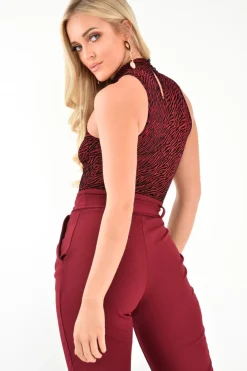 Rebellious Fashion Wine Zebra High Neck Velvet Bodysuit - Tamina