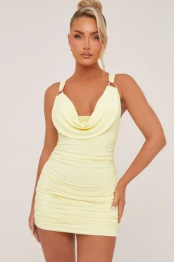 Rebellious Fashion Yellow Cowl Neck Ruched Bodycon Mini Dress - Luca