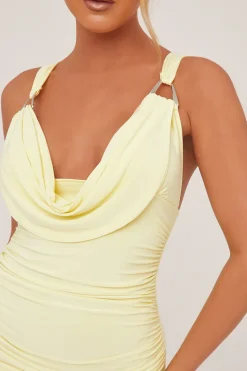 Rebellious Fashion Yellow Cowl Neck Ruched Bodycon Mini Dress - Luca
