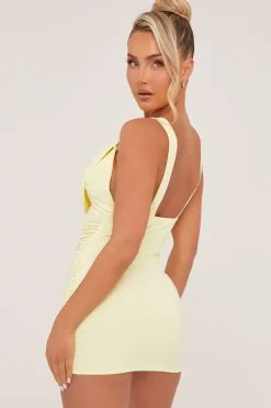 Rebellious Fashion Yellow Cowl Neck Ruched Bodycon Mini Dress - Luca