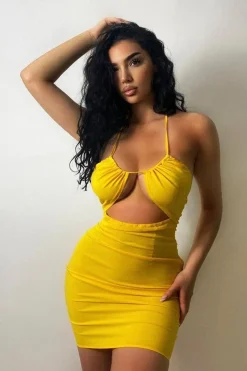 Rebellious Fashion Yellow Halter Neck Cut Out Mini Dress - Jorji